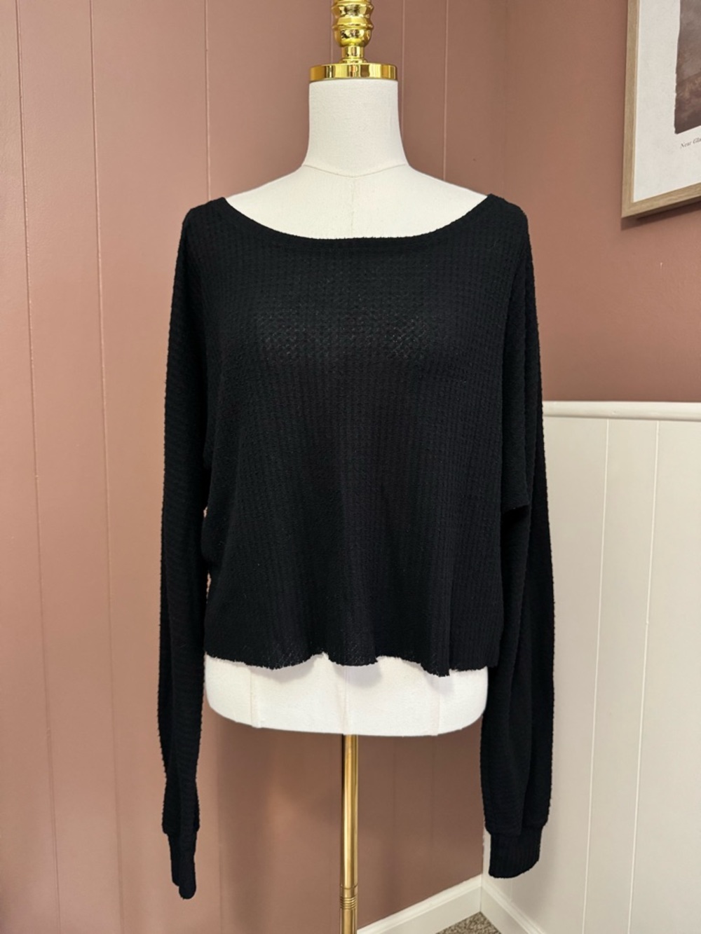 Joah Brown Black Waffle-Knit Long Sleeve Top